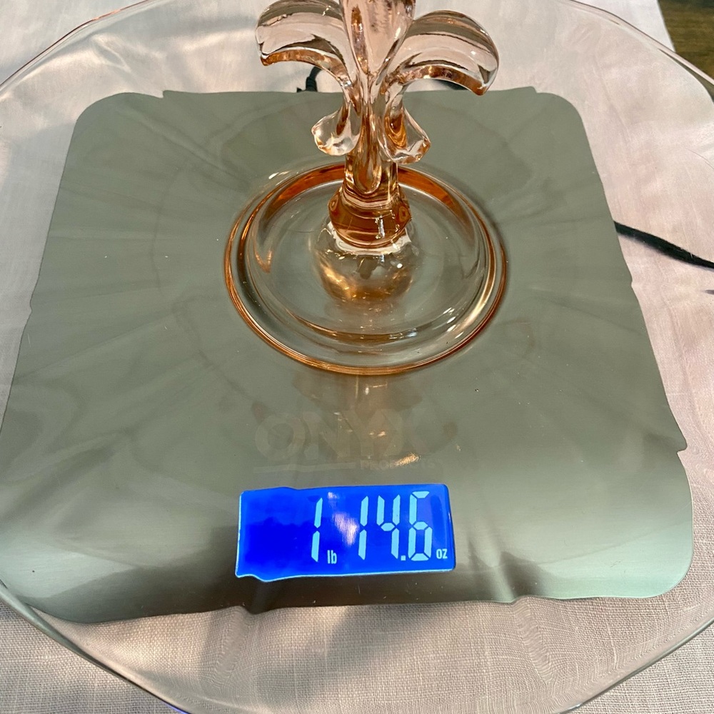 Vintage Fostoria Pink Depression Glass Tray Fleur De Lis Handle. Round - Picture 12 of 13